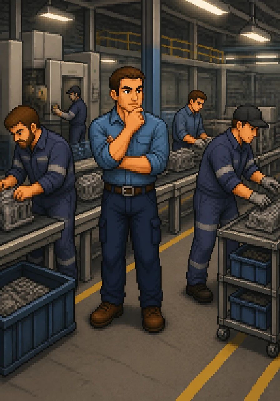 On the factory floor, Thomas pauses to observe the workflow, noticing how small changes could improve the team's efficiency. He realizes that his deep understanding of the process makes him the perfect candidate to guide others.