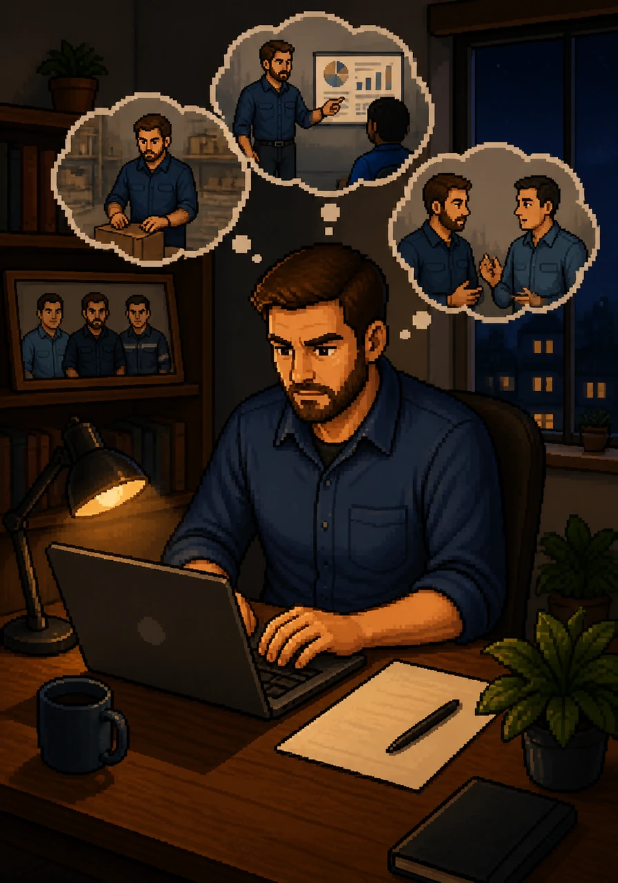 Late in the evening, Thomas sits at his home office, carefully typing a letter that expresses his desire to become a Team Leader. He reflects on his five-year journey and the unique skills he brings from his past entrepreneurial ventures.