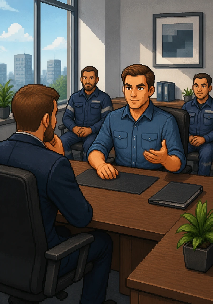 Thomas meets with the department head in a bright, modern office to discuss his application. He speaks with confidence about his vision for the team and his commitment to the company's continued success.