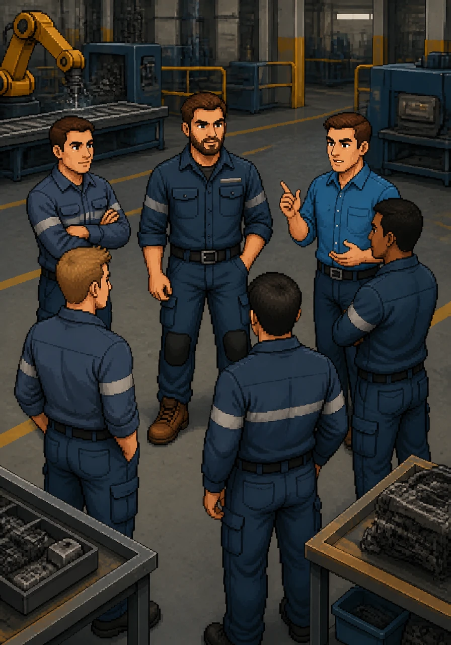 After being given the opportunity, Thomas stands with his team on the production floor, listening intently to their ideas. He uses his experience to foster a culture of collaboration and mutual respect among his former peers.