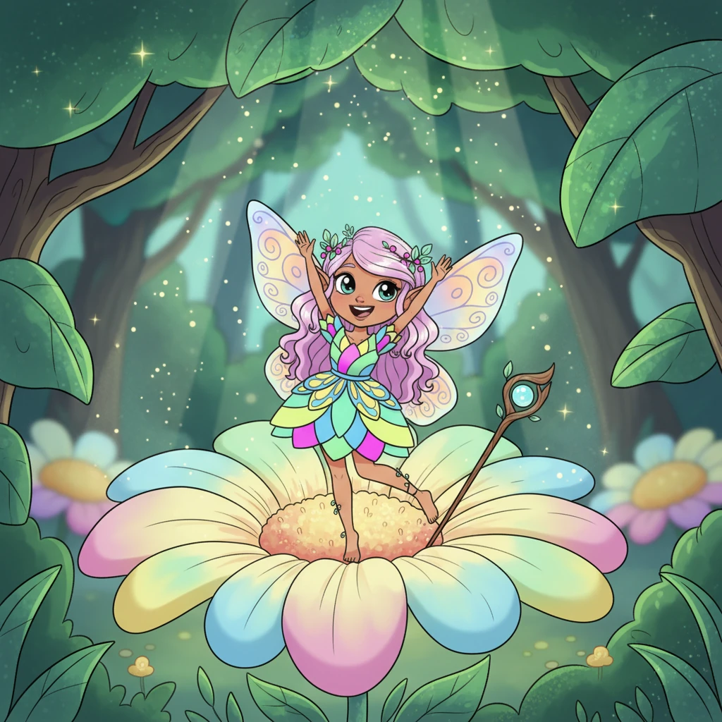 Flicker's cozy home, a glowing flower, nestled deep within the Whispering Woods. Sunlight filters through giant, sparkling leaves, illuminating her cheerful face as she stretches her tiny, iridescent wings. Her eyes twinkle with excitement for a new day of adventures.