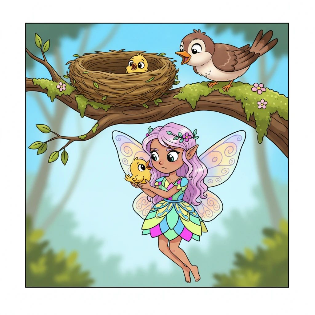 High above, a fluffy baby bird tumbles from its nest onto a soft mossy branch. Flicker, with a determined little frown, gently scoops the chirping chick into her hands. She carefully flutters it back to its anxious mama bird, who coos with relief.