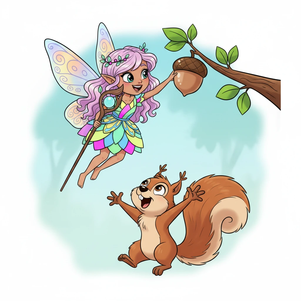 A clumsy squirrel, Squeaky, struggles to reach a plump, shiny acorn stuck high on a branch. Flicker giggles playfully, then zips upwards, her tiny hands expertly nudging the acorn down. Squeaky catches it with a delighted chatter.