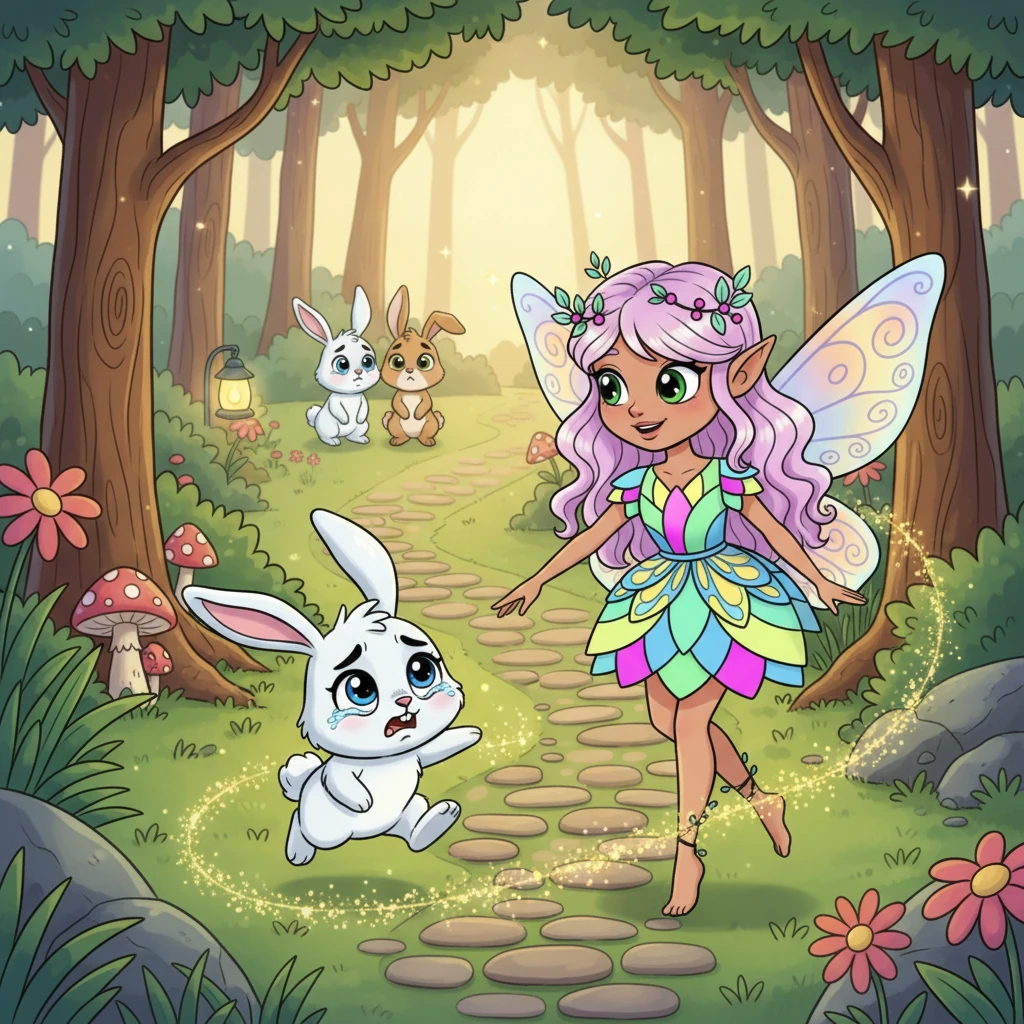 Little Pip, a lost bunny with big, teary eyes, hops frantically in circles. Flicker lands softly beside him, offering a comforting smile. She takes his paw and, with a trail of sparkling dust, guides him through the winding paths back to his worried bunny family.