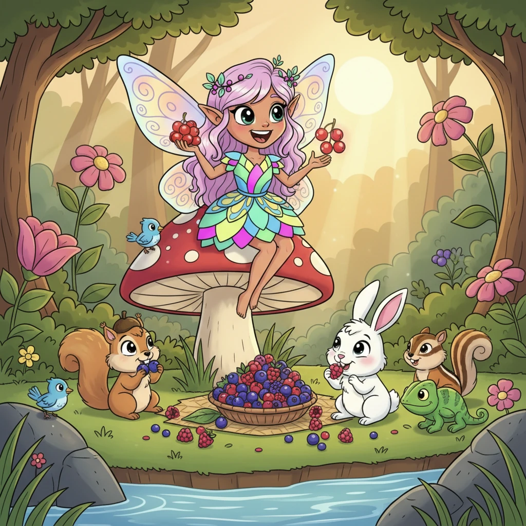 Later that day, the forest creatures gather for a berry feast by a crystal-clear stream. Flicker, perched on a giant mushroom, laughs along with her friends – Squeaky the squirrel, Pip the bunny, and many other colorful animals. She feels so happy to be surrounded by her beloved community.