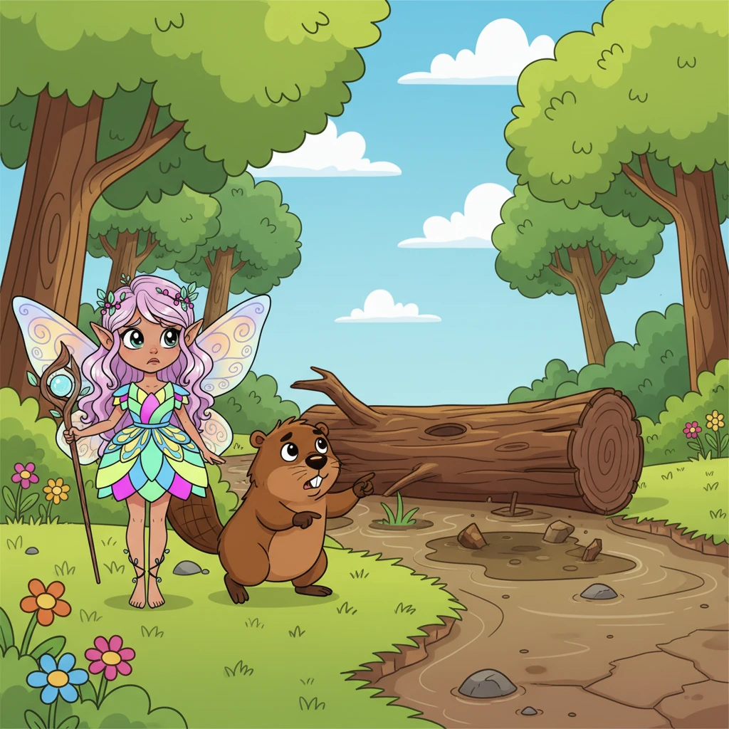 Suddenly, a worried beaver named Barney waddles up, pointing a trembling paw towards the stream. A large, gnarled log has fallen, blocking the water's flow and creating a small, muddy puddle where the clear stream once was. The animals look disheartened.