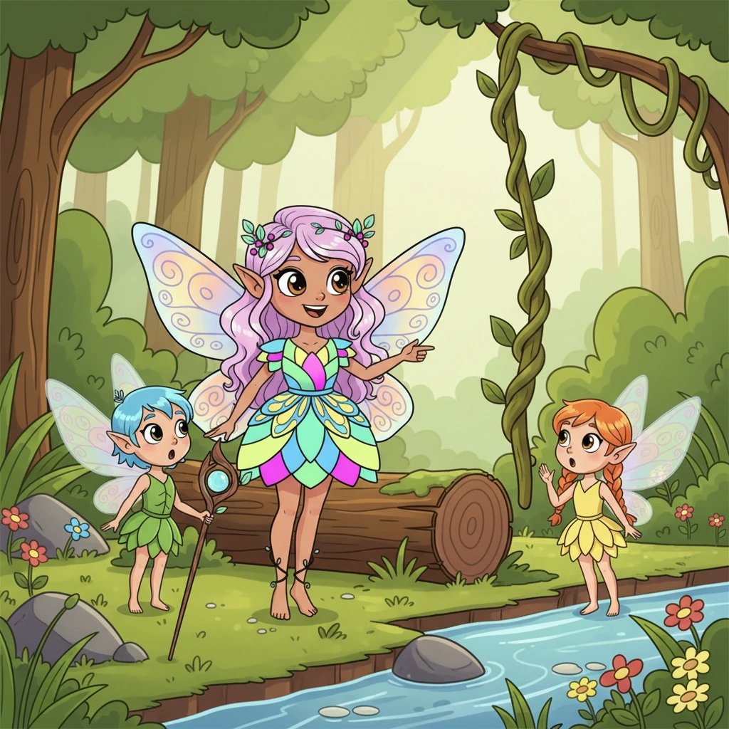 Flicker, always quick-thinking, rallies her friends. She points to a sturdy vine nearby, explaining her idea with animated gestures. "If we all pull together," she chirps, "we can move that log!" Her eyes sparkle with a plan.