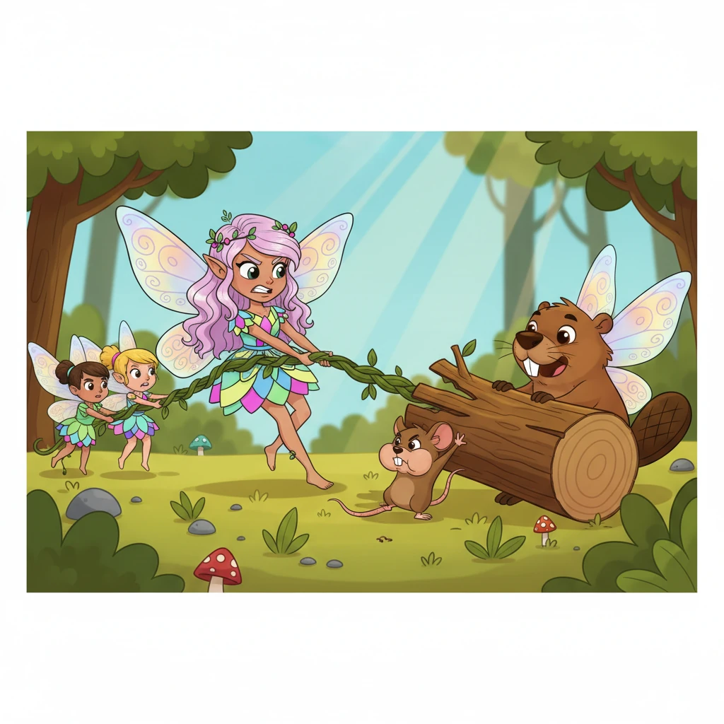 With determination, Flicker and her friends spring into action. Barney the beaver gnaws at one end, Squeaky pushes with all his might, and Flicker, with a few other fairies, pulls the strong vine. Together, they push and pull the heavy log.