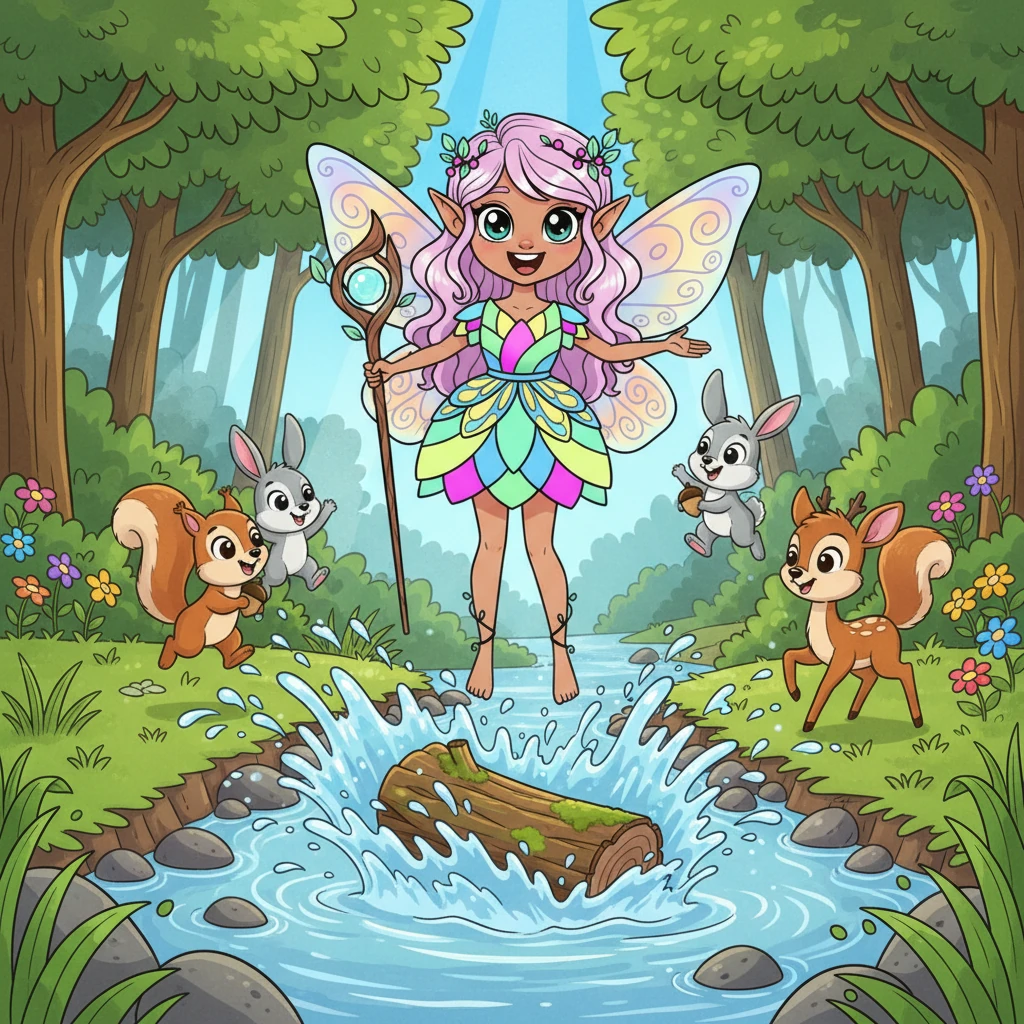 With a mighty splash and a collective cheer, the log finally shifts! The clear, sparkling water rushes through again, gurgling happily over the stones. The forest animals jump and dance with joy, splashing playfully in the now free-flowing stream, all thanking Flicker.