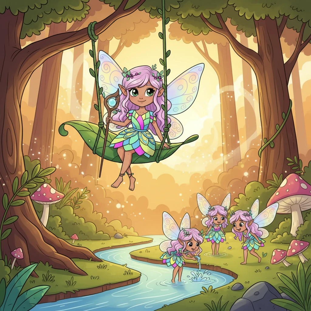 As the sun sets, casting golden hues over the magical forest, Flicker sits on her favorite leaf swing. She watches her friends drink from the stream, their happy sounds filling the air. A warm glow fills her heart, knowing her kindness made the Whispering Woods even brighter.