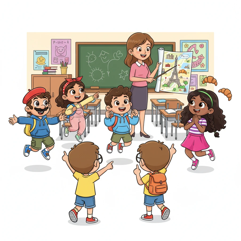 The students, Mario, Lara, Teo, Mia, Alba, and Juan, bounced with excitement in their classroom in Purias. Their teacher, a cheerful woman, held up a shiny map of Paris, pointing to all the amazing places they would soon see. Mia's eyes sparkled, dreaming of croissants and grand adventures.