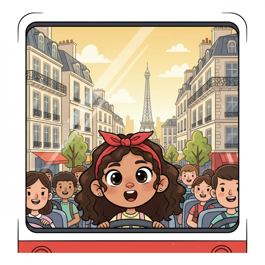 Zoom! Their bright red bus, filled with happy chatter, finally pulled into Paris. Mia pressed her nose against the window, her jaw dropping at the sight of tall, elegant buildings and busy streets. The city felt like a giant, wonderful playground waiting to be explored.