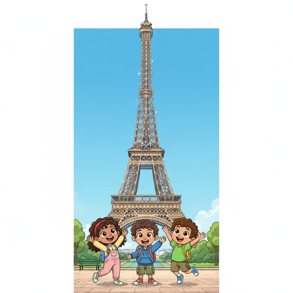 First stop, the magnificent Eiffel Tower! It stretched high into the sky, sparkling like a giant diamond. Mia, Mario, and the others giggled as they looked up, feeling tiny next to the famous landmark. They waved excitedly from below, ready for their grand tour.