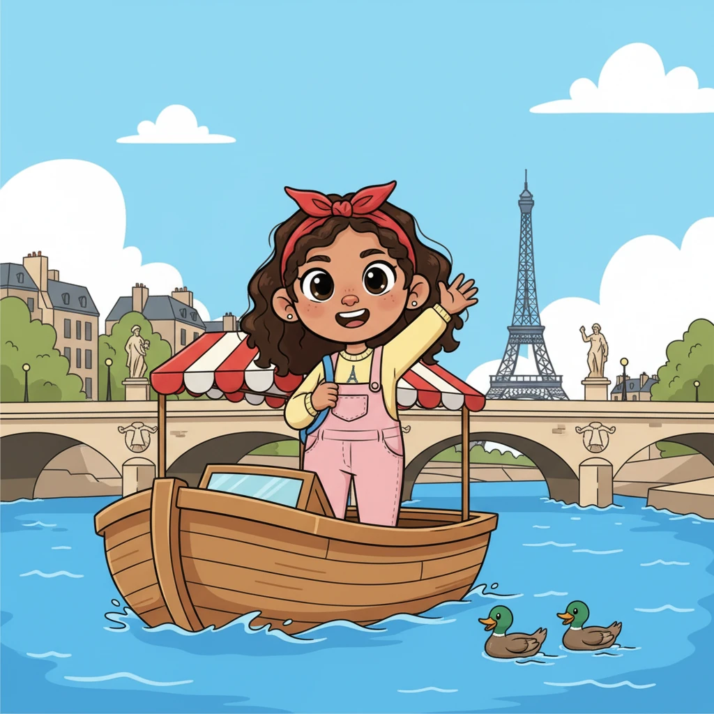Next, they hopped onto a charming boat for a peaceful ride along the River Seine. Mia watched the city glide by, seeing old bridges and beautiful statues. Ducks paddled past, and everyone waved to people on the riverbanks, feeling the gentle breeze.