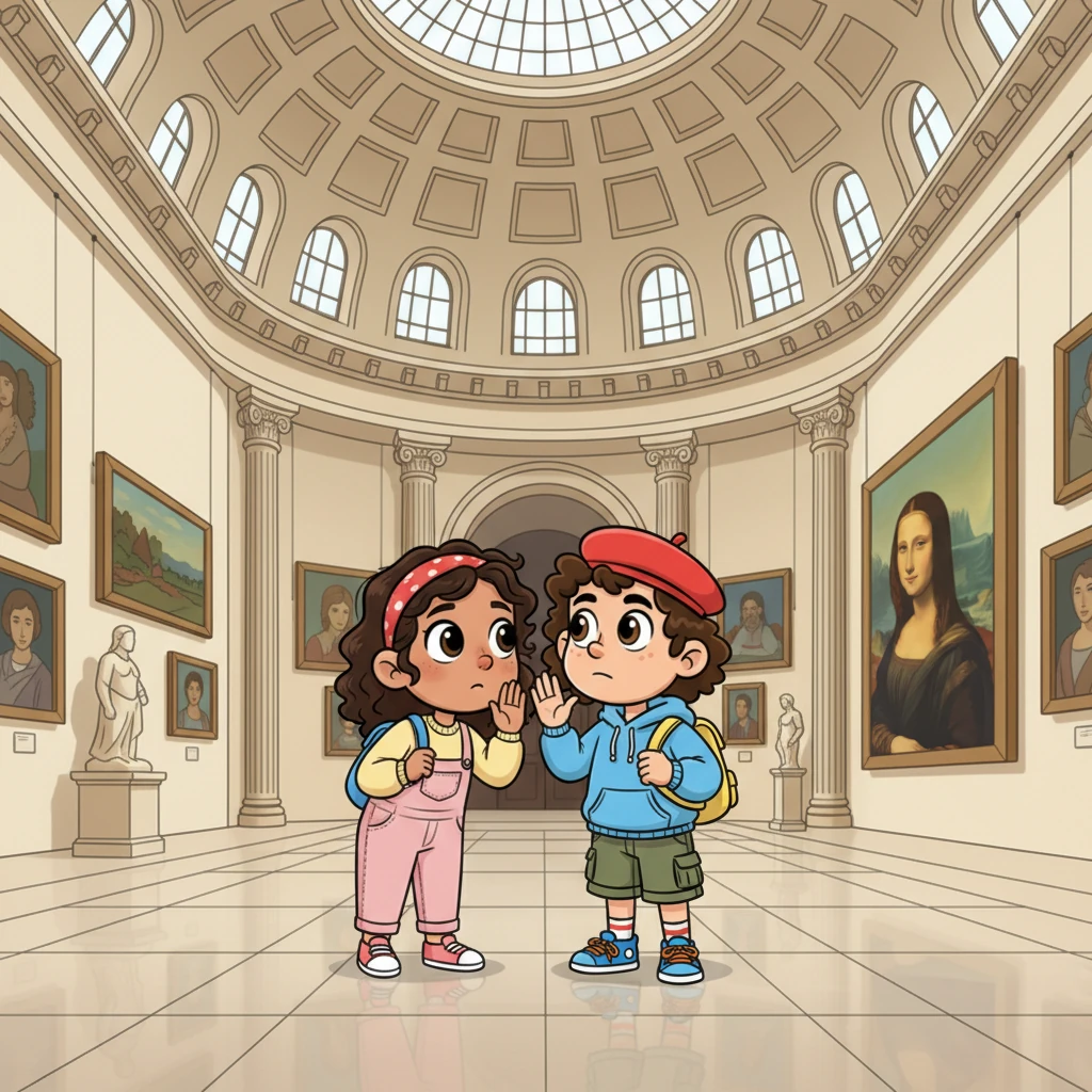 Inside the grand Louvre Museum, Mia spotted a painting of a lady with a mysterious smile. She whispered to Lara, wondering what secrets the painting held. The museum felt enormous, filled with incredible art and quiet wonder.