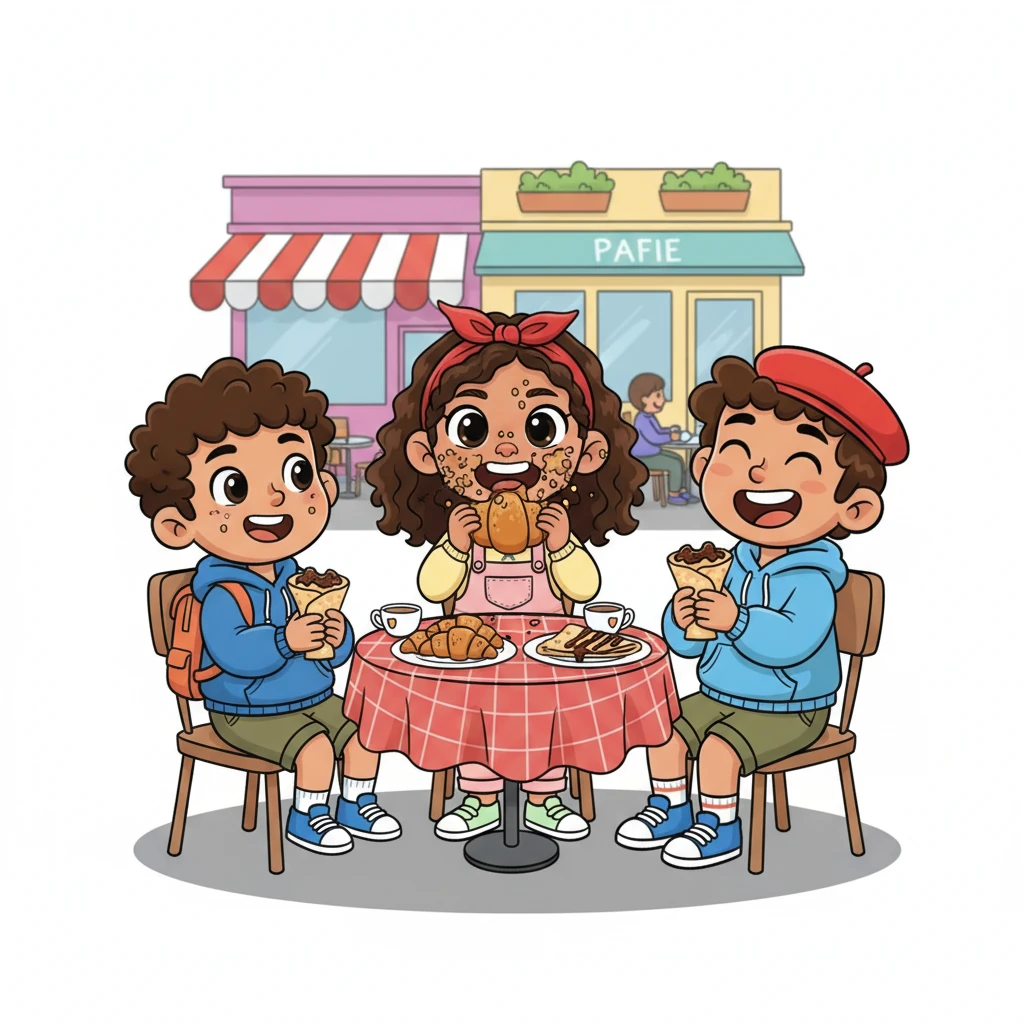 Lunchtime was the best! They sat at a little café, enjoying warm, buttery croissants and sweet crepes with chocolate. Mia took a big bite, her face covered in crumbs, declaring it the most delicious food ever. Everyone laughed, savoring their yummy treats.