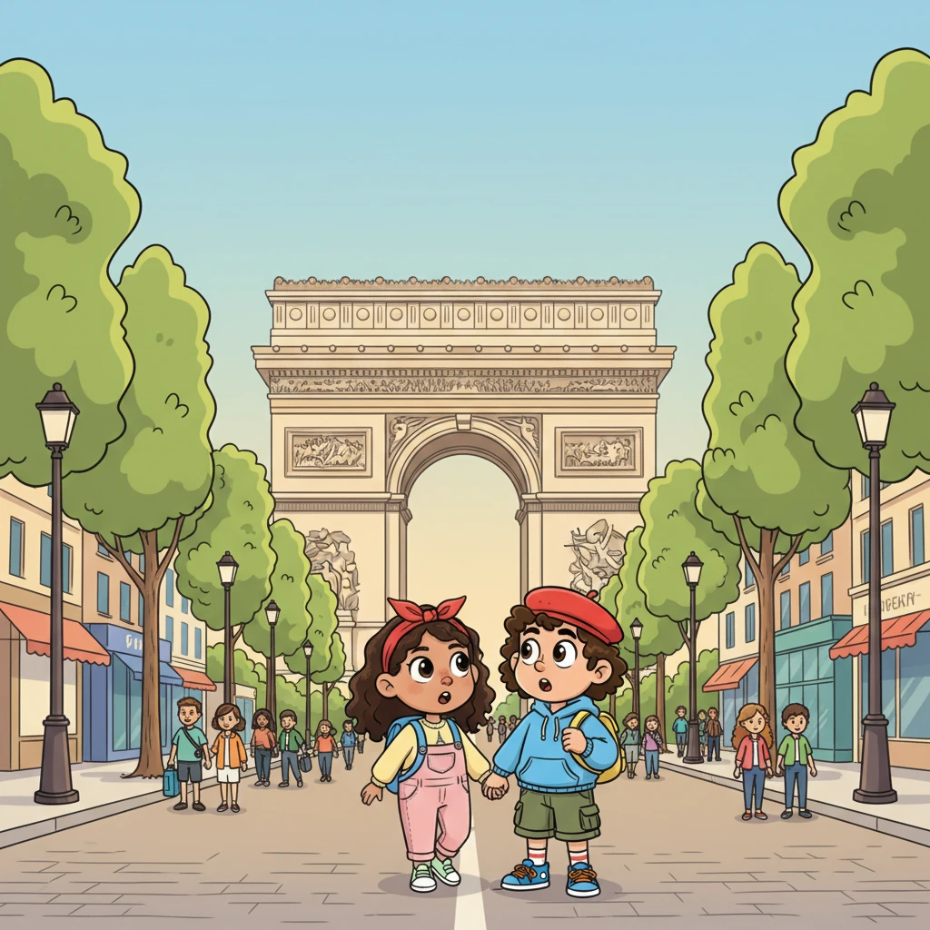 They walked along the wide, bustling Champs-Élysées, a famous avenue lined with shops and trees. At the end stood the mighty Arc de Triomphe, a huge arch that made them feel like tiny explorers. They imagined parades marching through it long ago.