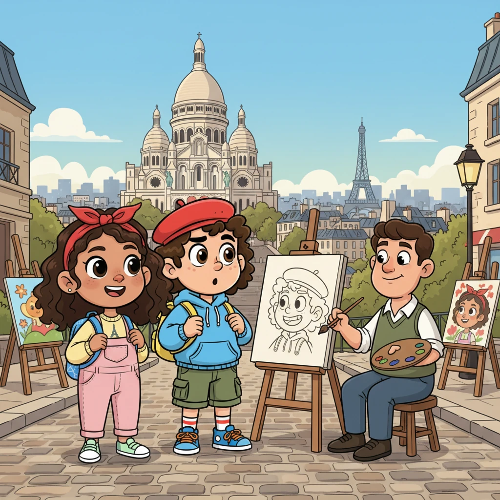 Up on a hill, they found Montmartre, a charming neighborhood with a beautiful white church called Sacre-Coeur. Artists painted colorful pictures on the streets, and Mia watched in awe as one quickly drew a funny caricature of Teo. The view of Paris from up high was breathtaking.