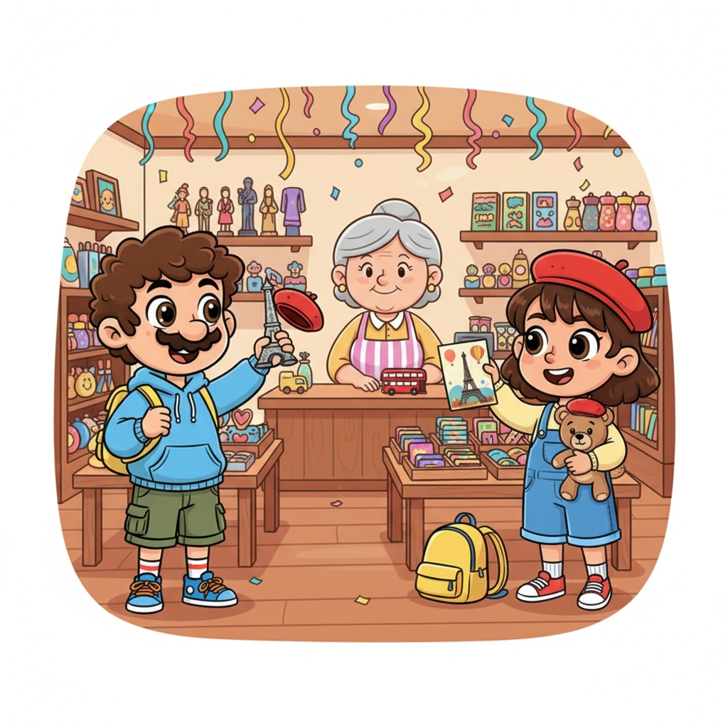 Time for souvenirs! Mia carefully chose a small, sparkly Eiffel Tower for her mom and a tiny beret for her teddy bear. Mario found a miniature bus, and Alba picked out a pretty postcard. Their bags were soon filled with happy memories to take home.