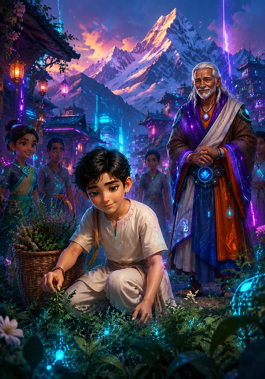 Ananda lives in a vibrant village nestled at the foot of the Himalayas, where the air smells of jasmine and the earth is warm underfoot. He has always felt a deep connection to the plants and the whispering winds that sweep through the valley.