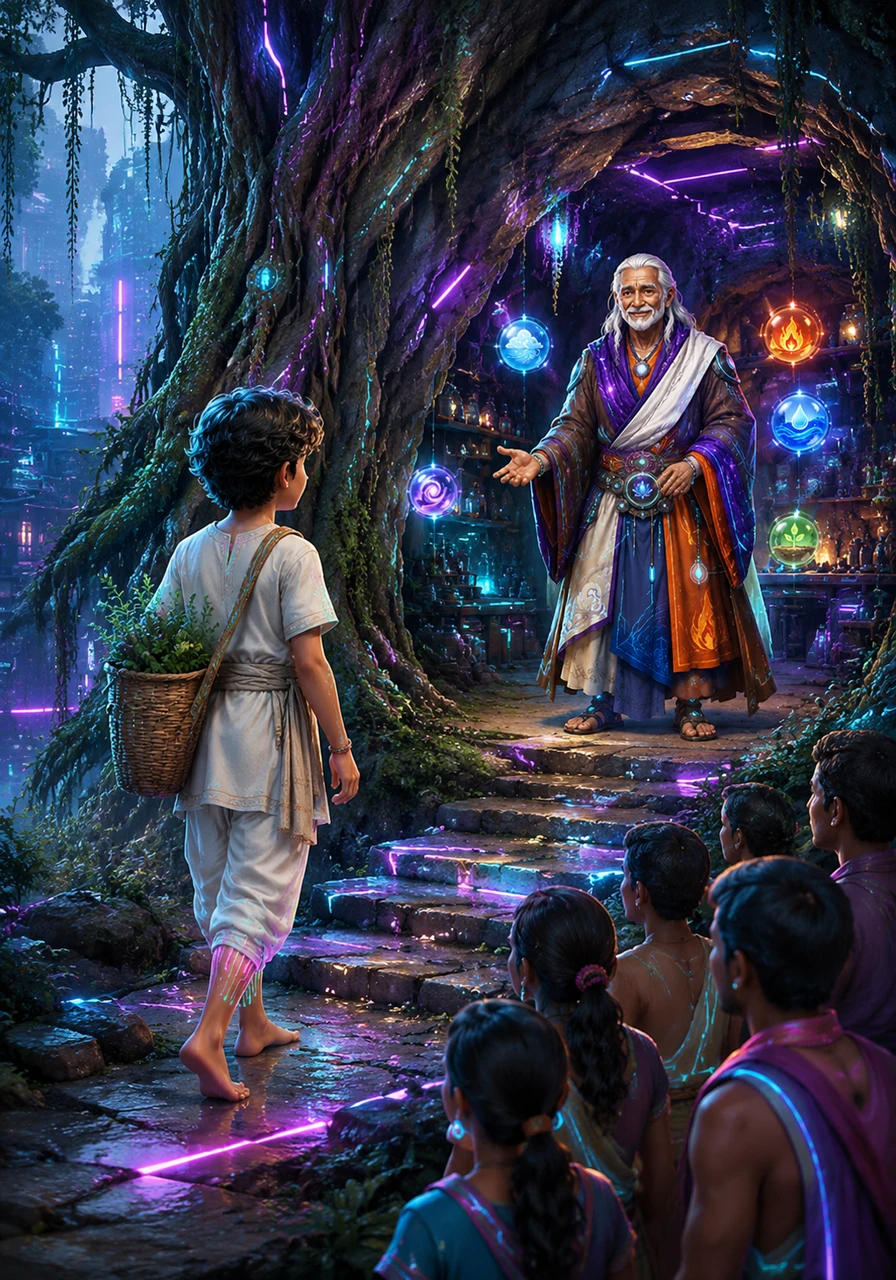Seeking answers, Ananda climbs the winding path to the cave of a wise old healer who lives among the ancient banyan trees. The healer welcomes him with a smile, sensing the boy's pure heart and his desire to restore harmony.