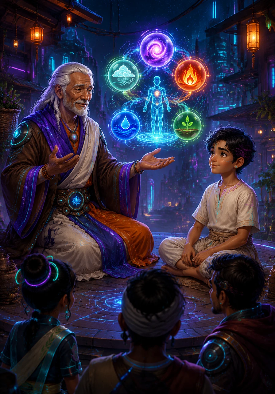 The healer teaches Ananda that everything in the universe is made of five great elements: space, air, fire, water, and earth. He explains that health is a delicate dance between these forces within our own bodies.