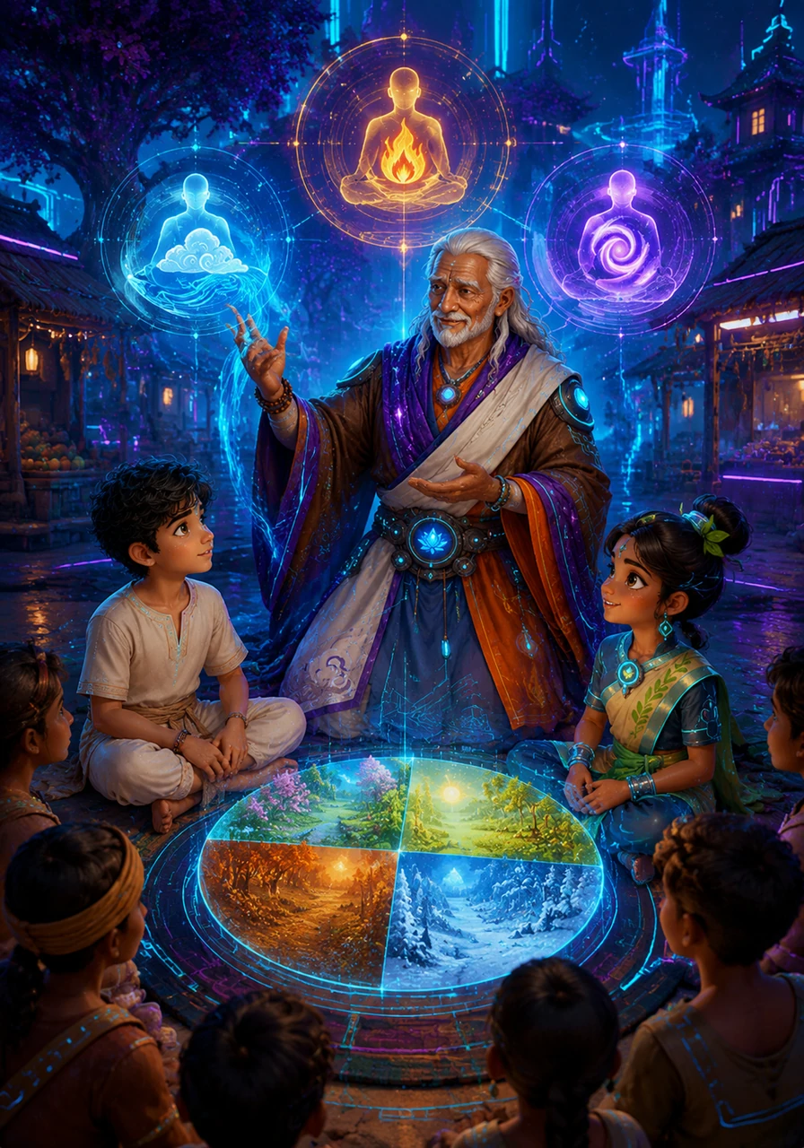 Ananda learns about the three Doshas, the unique energies that govern our physical and mental well-being. He realizes that just as the seasons change, people must adjust their habits to stay balanced and vibrant.