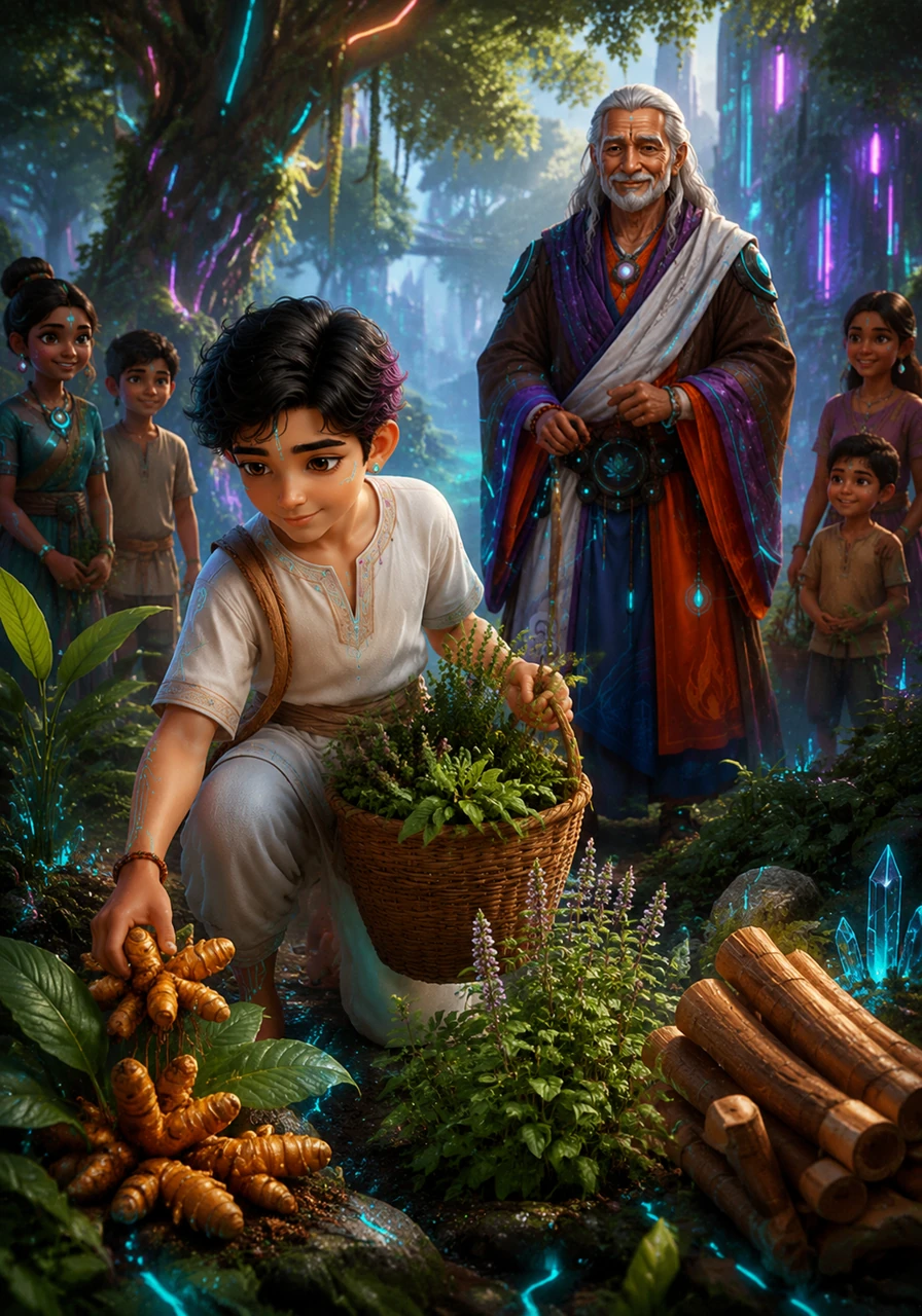 With a wicker basket in hand, Ananda wanders through the forest to gather golden turmeric roots, fragrant tulsi leaves, and cooling sandalwood. Each plant offers a specific gift of healing, waiting to be shared with those in need.
