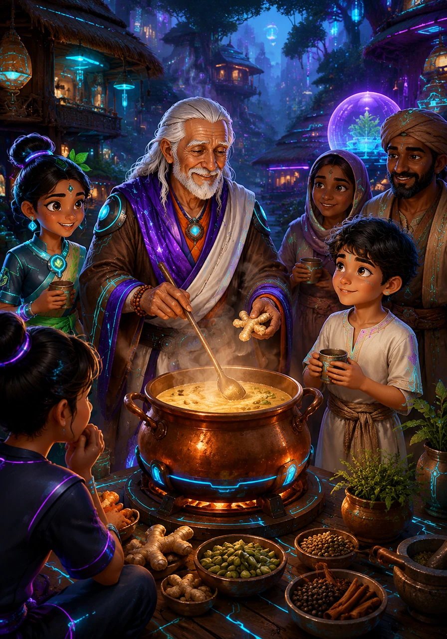 Back in the village, Ananda prepares a large copper pot of spiced tea, filling the air with the comforting scents of ginger and cardamom. He shows the villagers how to nourish their bodies with the right foods at the right times.