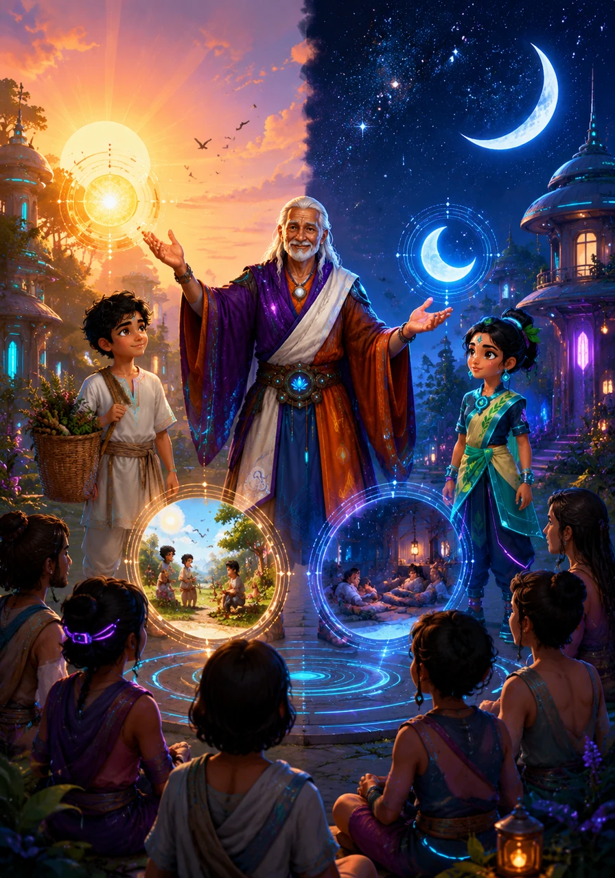 He teaches them the importance of the morning sun and the quiet of the moon, encouraging everyone to follow a daily rhythm that honors nature. The villagers begin to wake with the birds and rest when the stars appear.