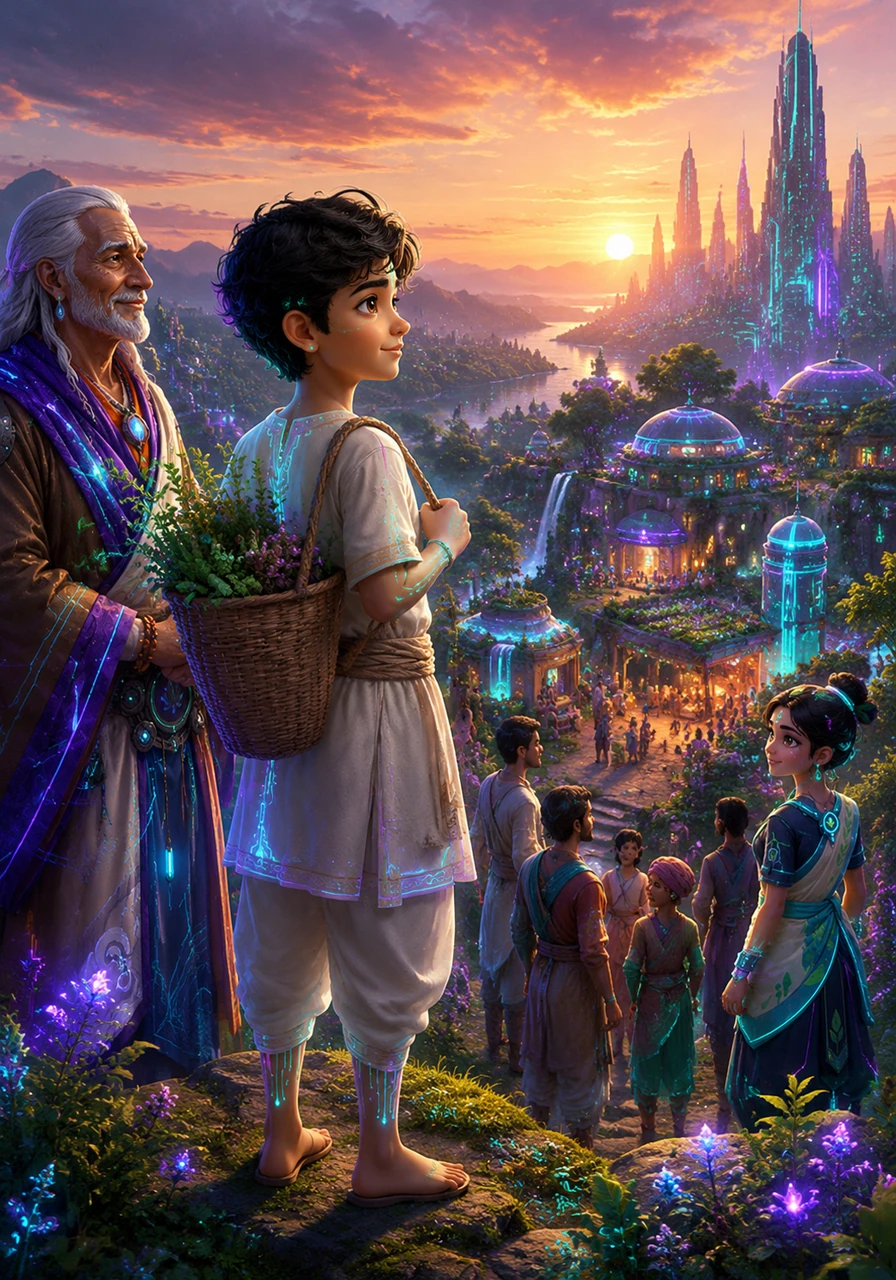 Ananda stands on a hilltop, looking over his thriving home with gratitude for the ancient wisdom of Ayurveda. He knows that by listening to the earth and his own body, he will always find the path to harmony.