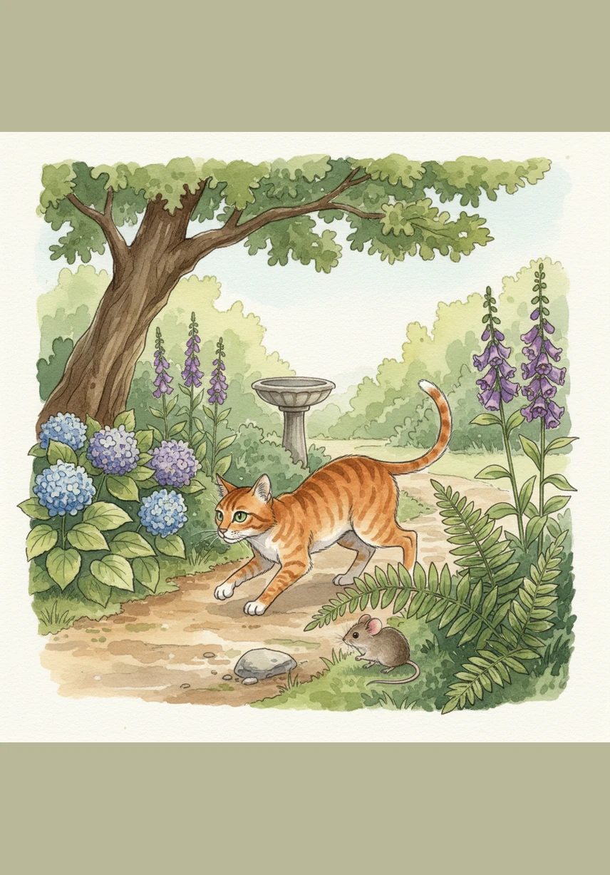 In the lush green garden, Samuel the sleek cat moves with silent grace through the tall grass. He pauses to tilt his ears, listening intently for the slightest rustle or squeak as he prepares for his daily patrol.