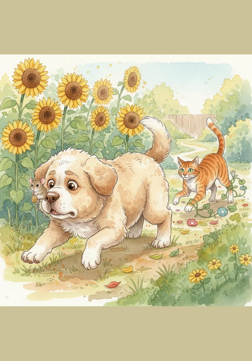 Suddenly, a thunderous bark echoes through the yard as Azuquita, a large and fluffy dog, bounds toward the garden. Samuel’s fur stands on end, and he quickly scrambles away to escape the loud but playful giant.