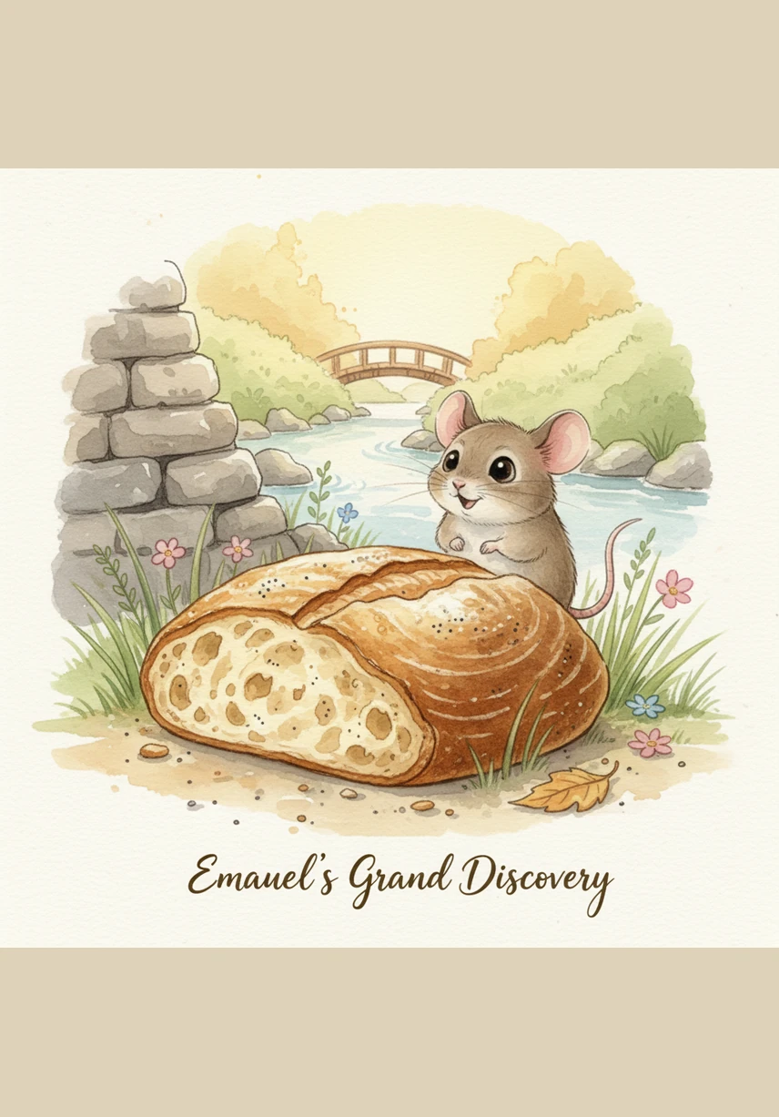 One bright afternoon, Emanuel discovers a giant crust of golden bread left near the patio. His eyes sparkle with delight as he tries to push the heavy treasure back toward his home, squeaking happily to himself.