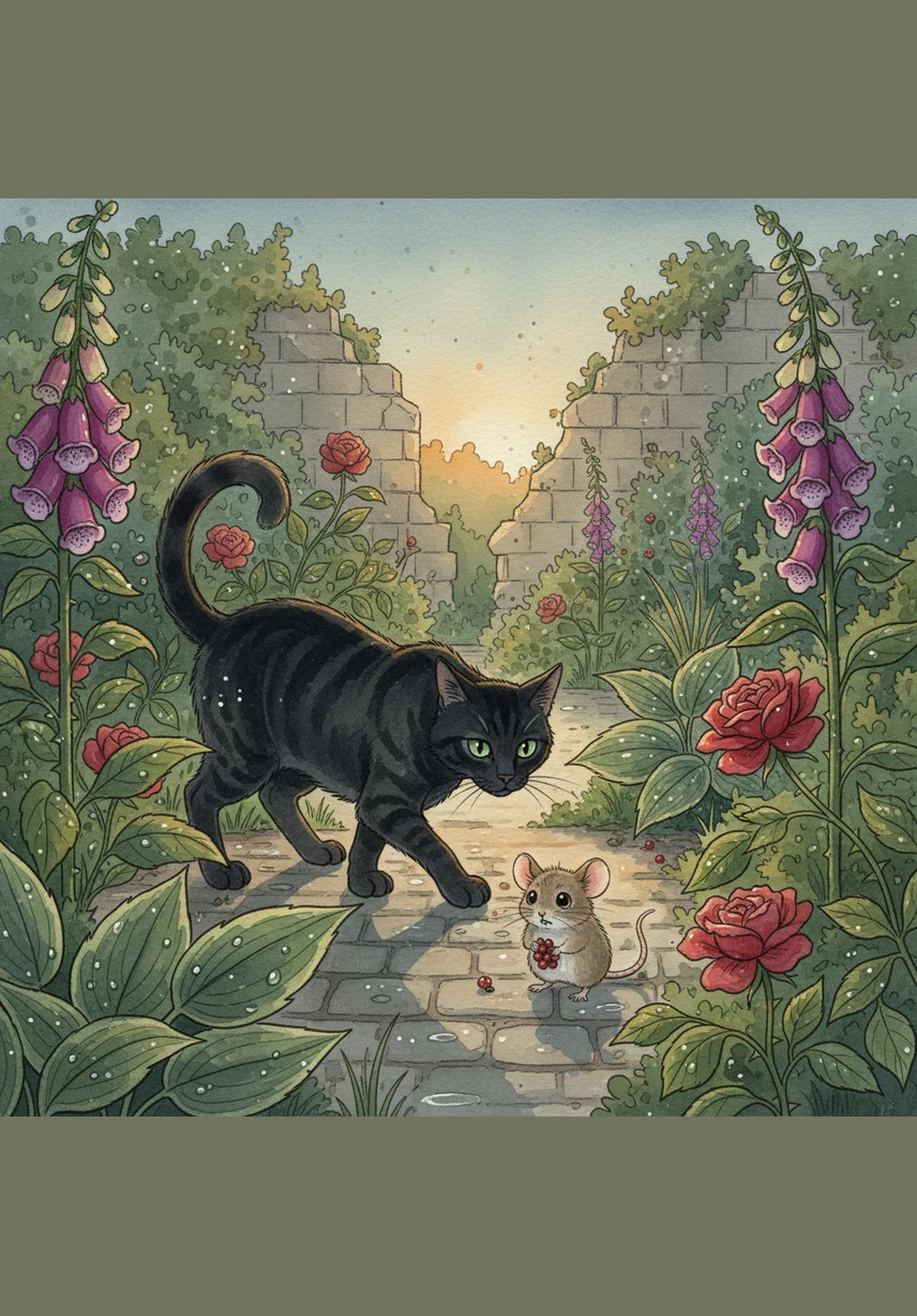 A dark shadow falls over the mouse as Samuel the cat appears, his yellow eyes locked onto the little intruder. Emanuel drops his bread and begins to run as fast as his tiny legs can carry him across the garden.