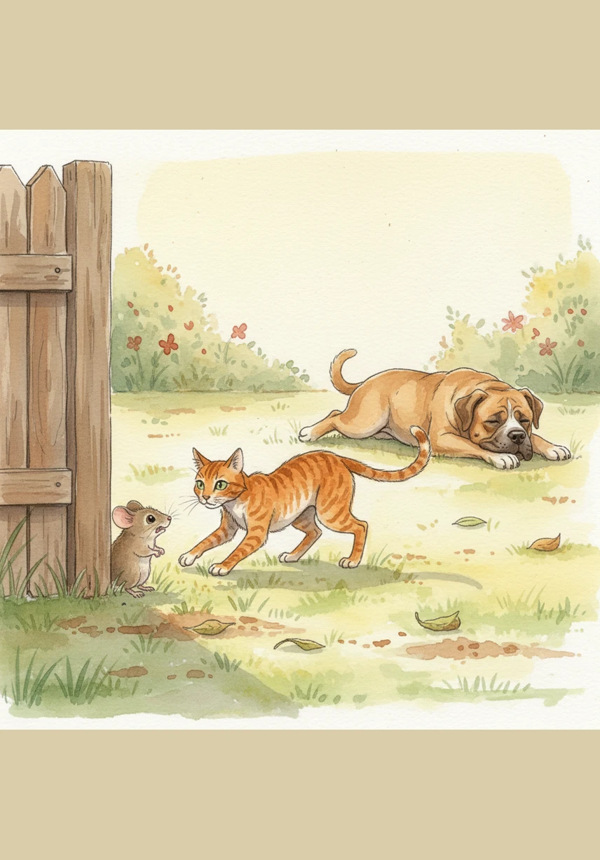 The chase leads straight into the middle of the yard where Azuquita is resting in the warm sun. Emanuel is cornered, and Samuel is just inches away, ready to pounce with his tail twitching excitedly.