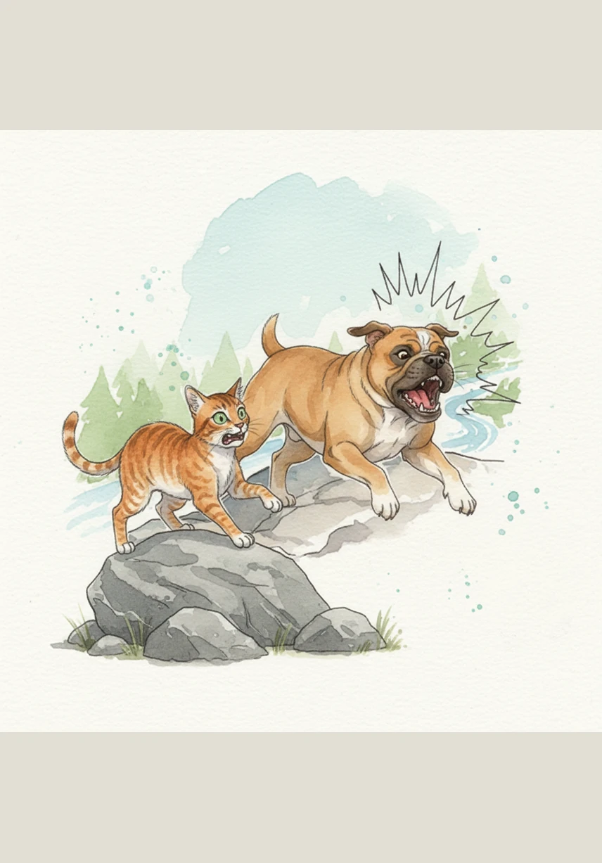 Azuquita leaps up and lets out a series of powerful, booming barks that shake the very air. Samuel freezes in his tracks, his eyes wide with terror as he realizes he has stepped into the dog's territory.