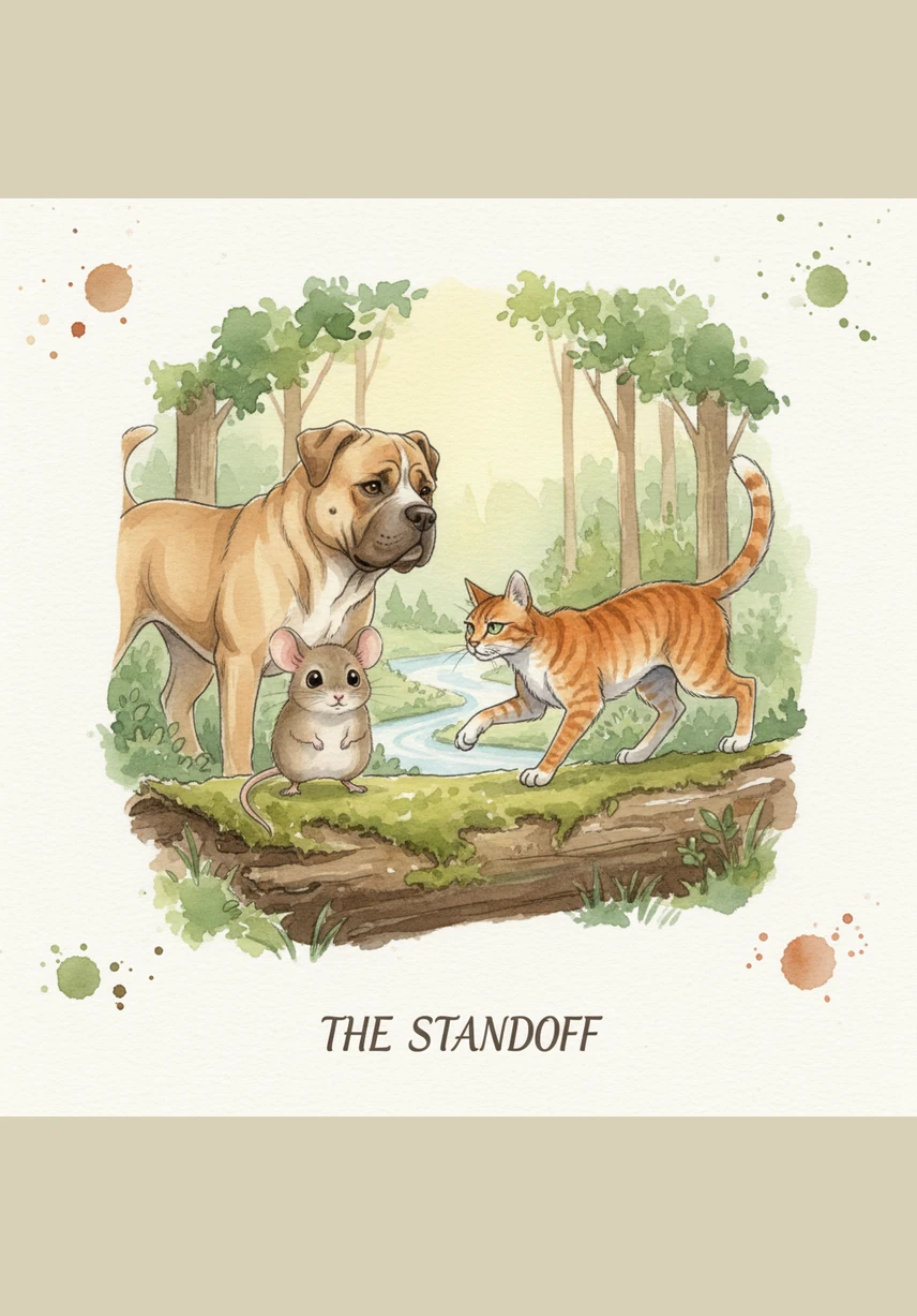 Terrified by the big dog, Samuel turns tail and disappears into the bushes in a blur of fur. Emanuel stops running, his little heart beating fast against his chest as he looks up at the towering dog.