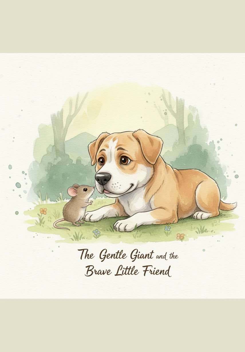 Instead of chasing the mouse, Azuquita sits down calmly and gives a soft, friendly woof while wagging her bushy tail. Emanuel realizes he is safe and squeaks a tiny thank you to his unexpected protector.