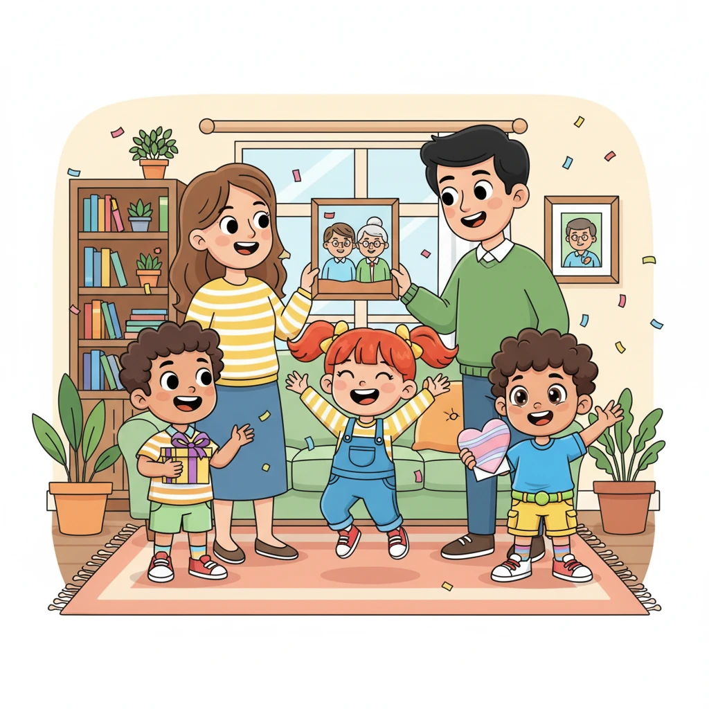 Lily, Wisam, Ammar, Mum, and Dad gather in the living room, their faces beaming with excitement. They're all talking at once, anticipating the big Mother's Day party coming this Saturday. Grandmas and Grandpas are coming, making it extra special!