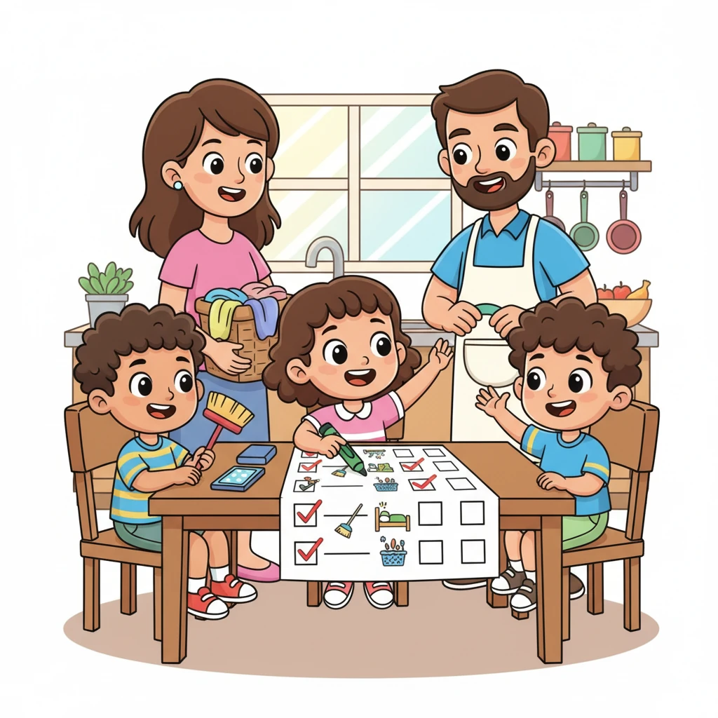 Lily sits at the kitchen table, a big, colorful checklist spread before her. She carefully points to items with a crayon, explaining all the important tasks to her eager family members. Everyone looks ready to jump into action and help Mum and Dad.