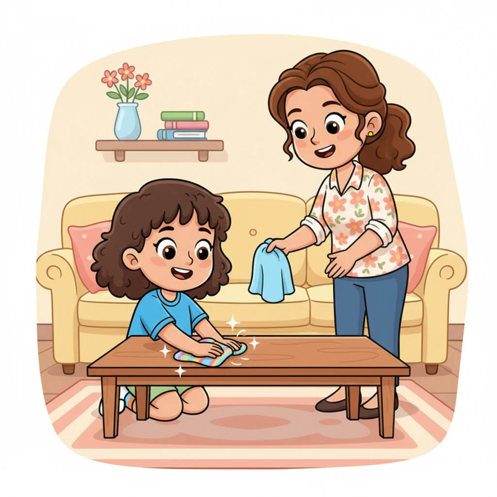 With a cheerful grin, Lily diligently wipes down the shiny coffee table in the sitting room, making it sparkle. Mum smiles warmly at her, handing her a clean cloth. The room is already looking much brighter and tidier thanks to Lily's hard work.