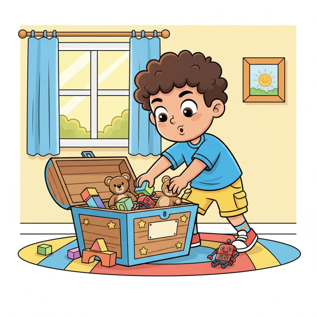 In his bright bedroom, Wisam, with a funny, determined expression, scoops up a pile of colorful toys and tucks them neatly into a big toy chest. He hums a happy tune as he tidies, making sure everything is just right for the party guests.