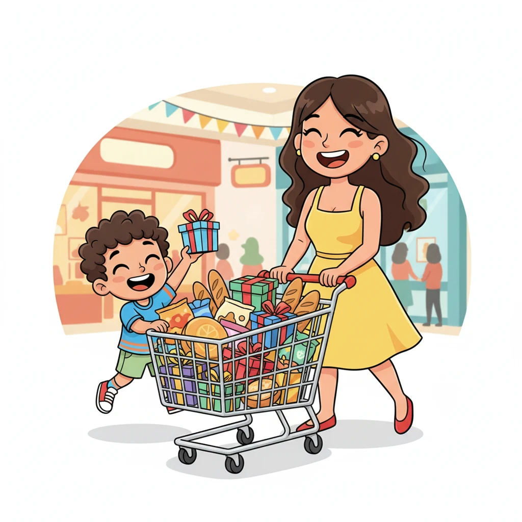 On Friday, the whole family bursts into a bustling shopping mall, pushing a giant cart. They fill it with vibrant presents, delicious party food, and even some snazzy new clothes for everyone to wear. The air is buzzing with joyful anticipation.
