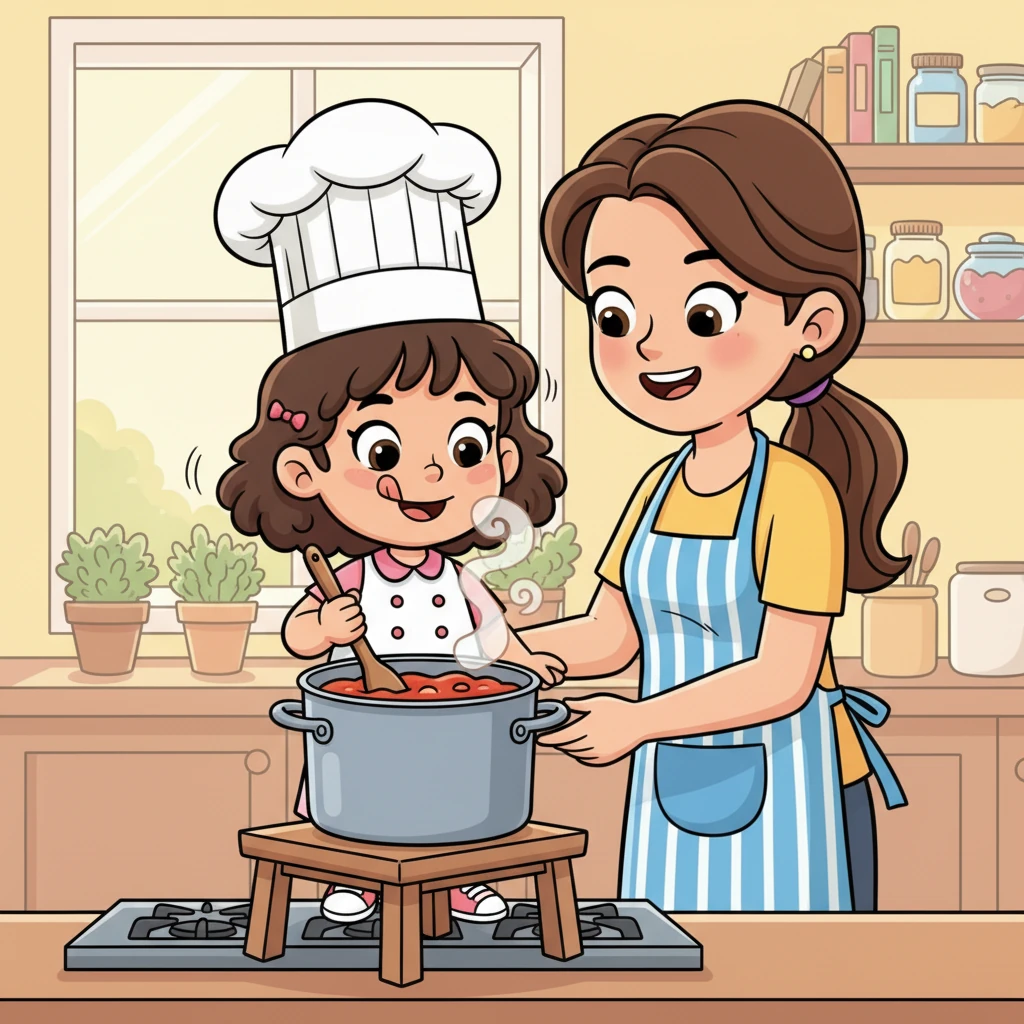 Saturday morning arrives, and Lily, wearing a cute chef's hat, stands proudly beside Mum in the kitchen. She carefully stirs a pot of bubbling sauce, learning to cook Mum's special recipes. Delicious smells already fill the air.