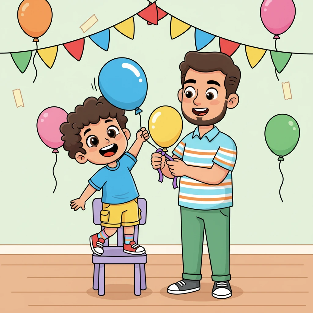 Dad and Wisam work together, stretching colorful streamers across the living room and carefully hanging bright balloons. Wisam giggles as a balloon bobs around him, and Dad expertly ties ribbons, transforming the house into a festive wonderland.
