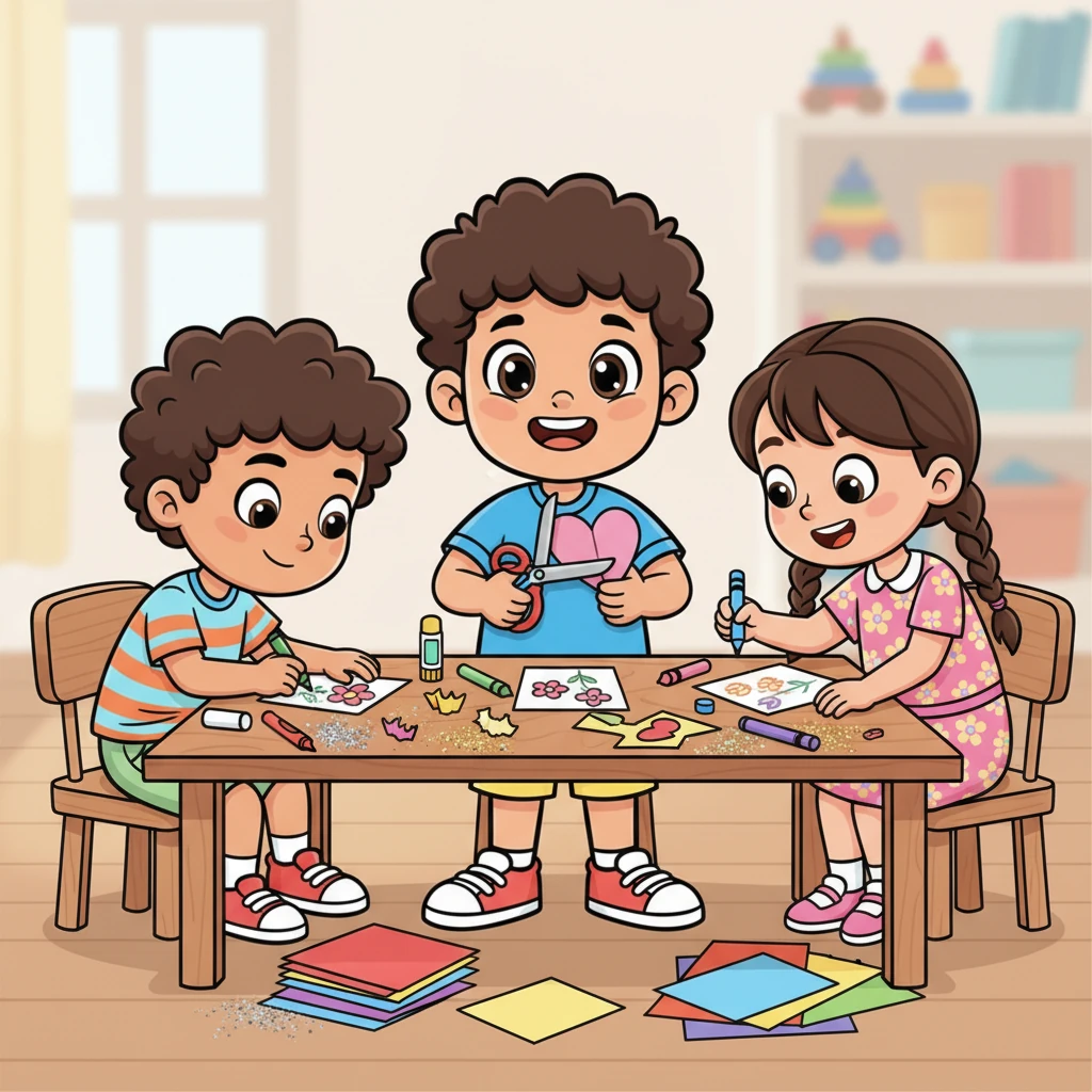 Ammar sits at a table covered in glitter and colored paper, cutting out shapes for Mother's Day cards. Lily and Wisam lean in, offering their creative ideas and helping him draw pretty flowers and write sweet messages for Mum and their grandmas.