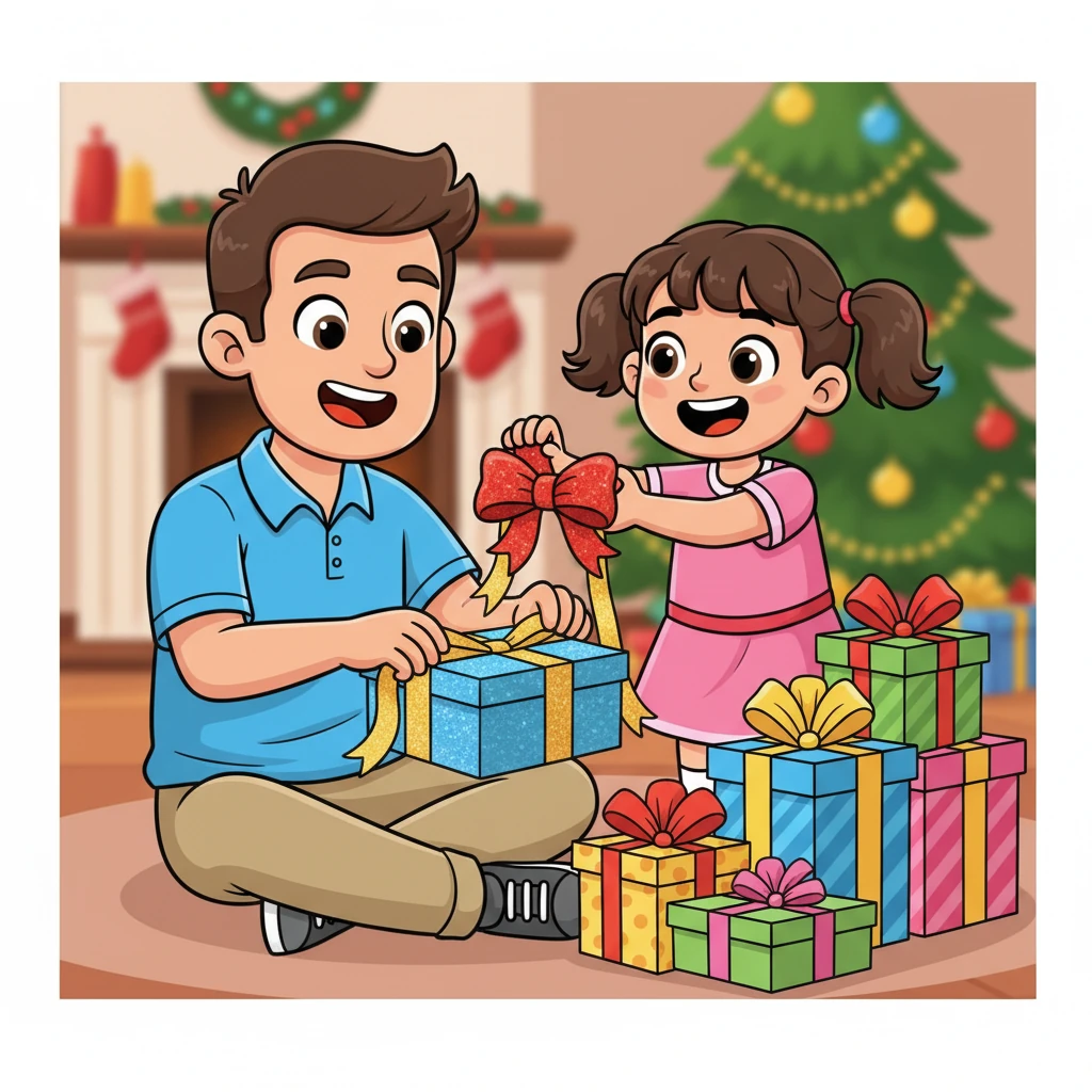 Dad carefully wraps a gift in shiny paper, while Lily and Wisam hold the ribbon and stick on a big, sparkly bow. They giggle as the presents pile up, each one a secret surprise waiting to be unwrapped. Their teamwork makes wrapping extra fun.