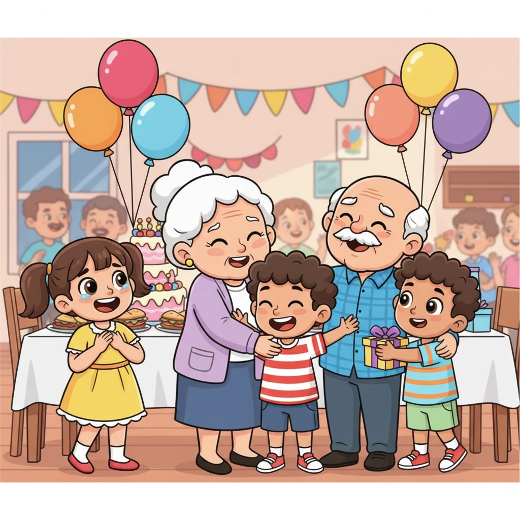 Finally, the house is filled with laughter and happy chatter! Grandmas and Grandpas arrive, giving big hugs to everyone. The table is laden with food, balloons float everywhere, and Lily watches her family, feeling so happy and proud of their special Mother's Day party.