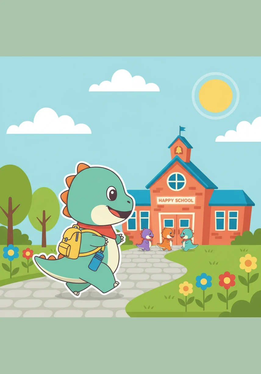 Dash the dinosaur walks to school with a big smile on his face. He wears a colorful strap that holds his AAC device close to his chest, ready for a day of learning and fun.